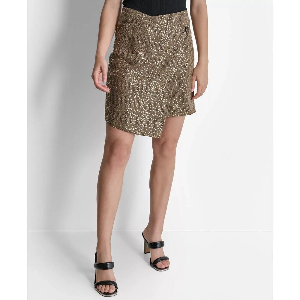 DKNY Skirt Women Size 12 Brown Plaid Sequin Wrap Mini Tweed Asymmetric $119